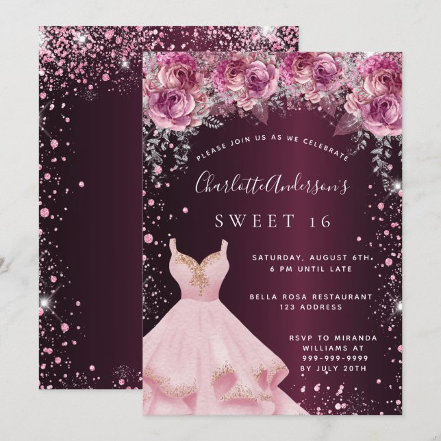 Sweet 16 pink burgundy glitter dress floral invitation (Front/Back)