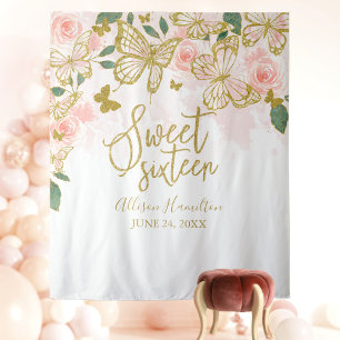 Sweet 16 Pink Butterflies Floral Backdrop Tapestry