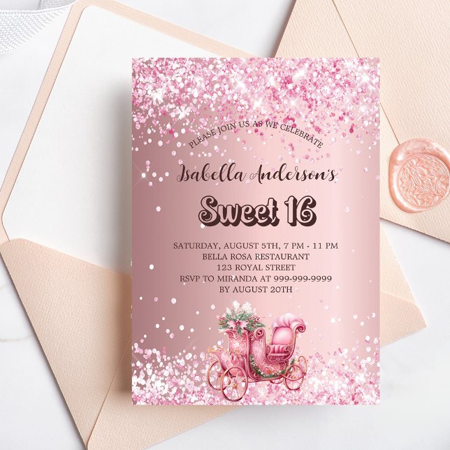 Sweet 16 pink carriage elegant invitation postcard (Creator Uploaded)