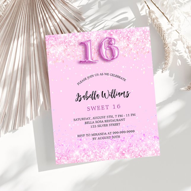 Sweet 16 pink confetti girl budget invitation flyer (Creator Uploaded)