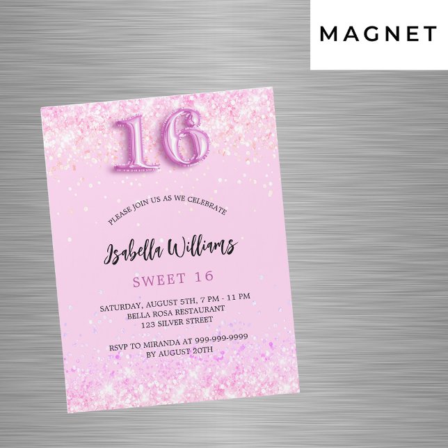 Sweet 16 pink confetti girl party luxury magnetic invitation (Creator Uploaded)