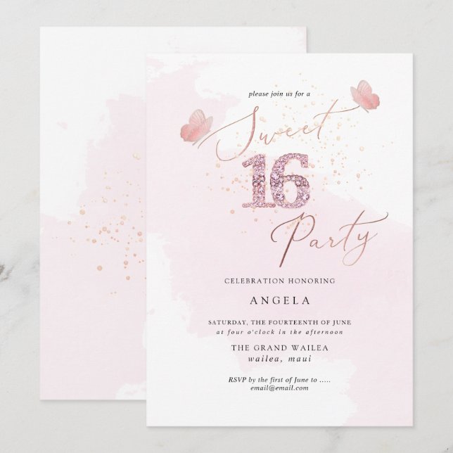 Sweet 16 Pink Diamond Butterflies Watercolor Invit Invitation (Front/Back)