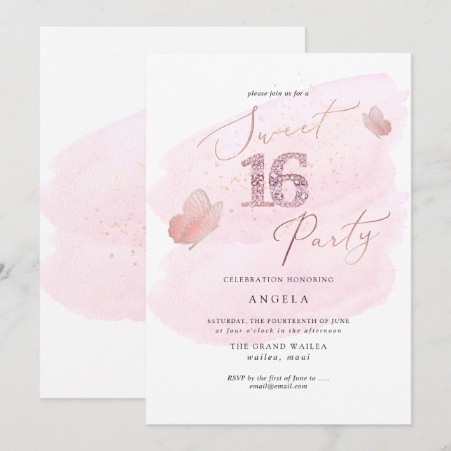 Sweet 16 Pink Diamond Butterflies Watercolor Invitation (Front/Back)