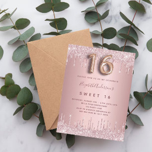 Sweet 16 pink dusty rose glitter 16th birthday invitation postcard