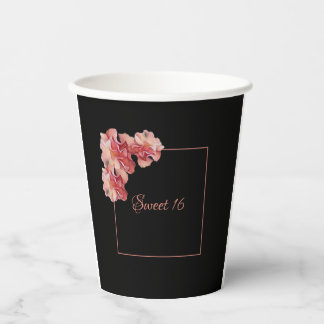 Sweet 16 pink floral and black paper cups