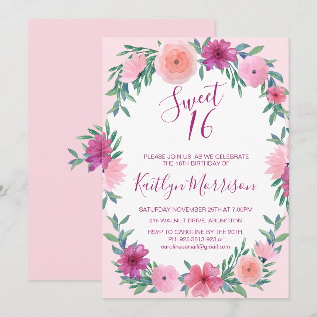 Sweet 16 Pink Floral Birthday Invitations (Front/Back)