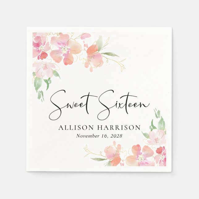 Sweet 16 Pink Floral Birthday Party Napkin (Front)