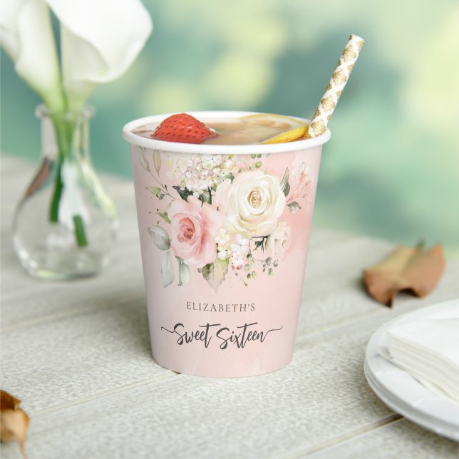 Sweet 16 Pink Floral Birthday Party Paper Cups (Insitu)