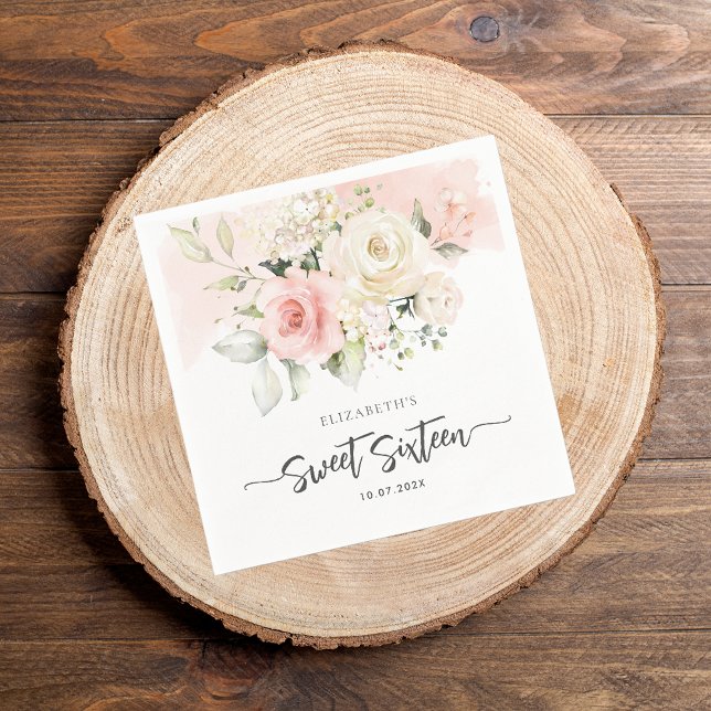 Sweet 16 Pink Floral Birthday Party Paper Napkin (Pink Floral Sweet 16 Birthday Paper Napkin)