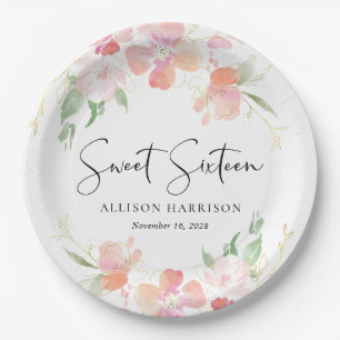 Sweet 16 Pink Floral Birthday Party Paper Plate