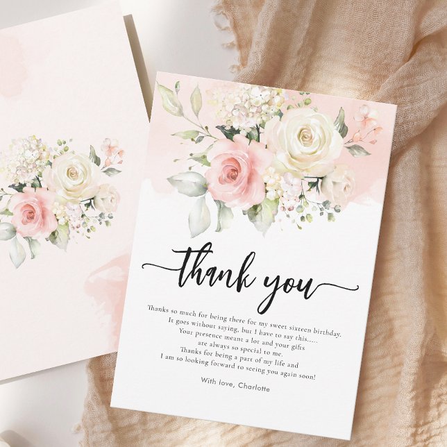 Sweet 16 Pink Floral Birthday Party Thank You Card (Pink Floral Elegant Sweet Sixteen Script Modern Watercolor 16th Birthday Party Guest Thank You)