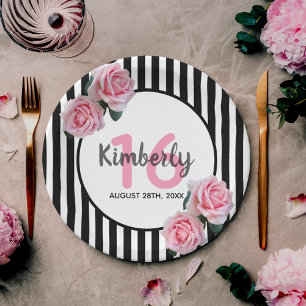 Sweet 16 pink floral black  stripes paper plate