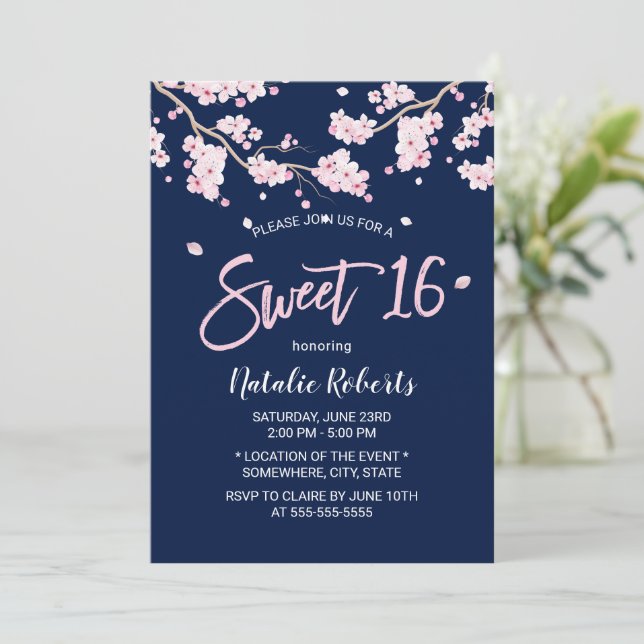 Sweet 16 Pink Floral Cherry Blossom Navy Blue Invitation (Standing Front)