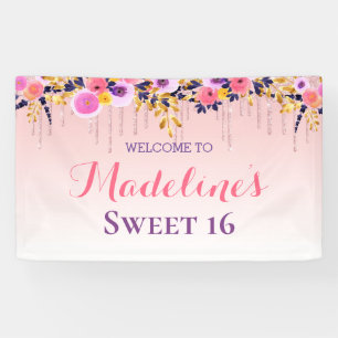 Sweet 16   Pink Floral Dripping Glitter Banner