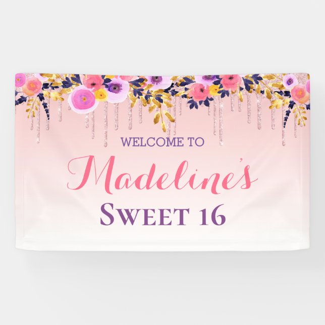 Sweet 16 | Pink Floral Dripping Glitter Banner (Horizontal)