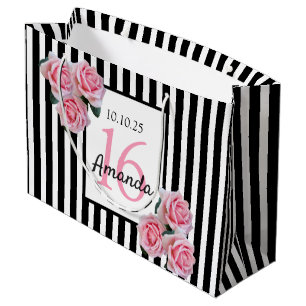Sweet 16 pink florals black white stripes large gift bag