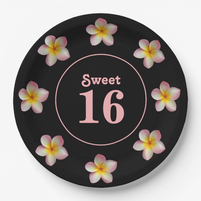 Sweet 16 & Pink Flowers on Black Paper Plates (Front)