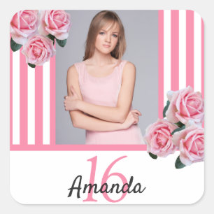 Sweet 16 pink flowers photo stripes elegant square sticker