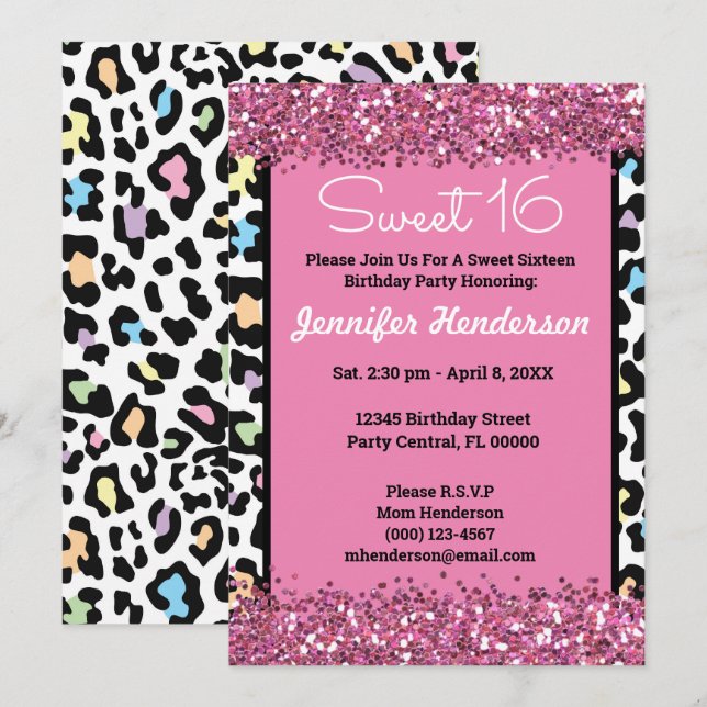 Sweet 16 Pink Glitter Colourful Leopard Print Wild Invitation (Front/Back)