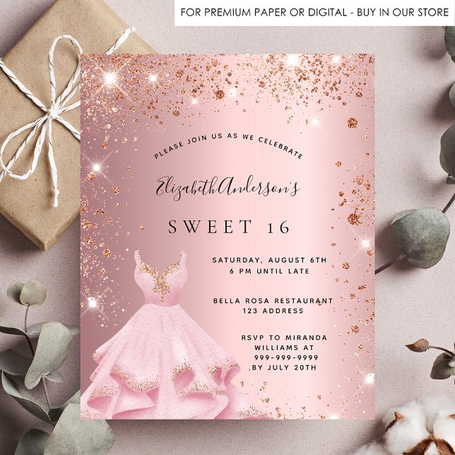 Sweet 16 pink glitter dress budget invitation (Creator Uploaded)