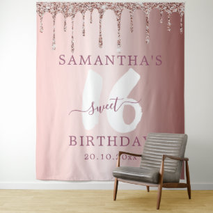 Sweet 16 Pink Glitter Drips Birthday  Tapestry