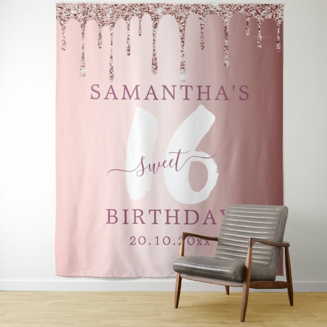 Sweet 16 Pink Glitter Drips Birthday  Tapestry (In Situ)
