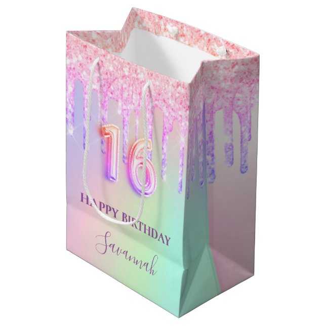 Sweet 16 pink glitter drips holographic name medium gift bag (Front Angled)