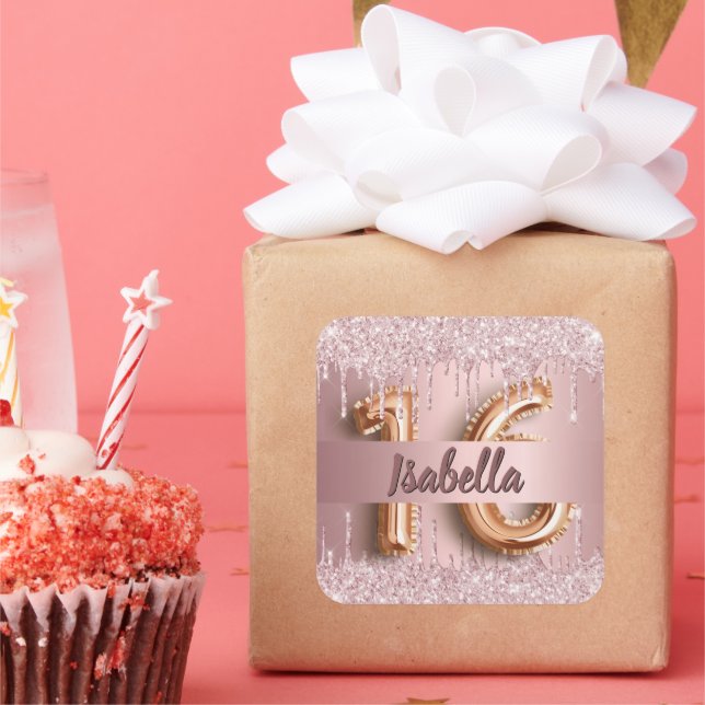 Sweet 16 pink glitter drips name square sticker (Party)