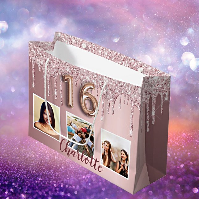 Sweet 16 pink glitter drips photo monogram 16th large gift bag (Creator Uploaded)