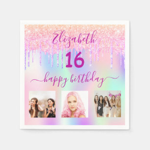 Sweet 16 pink glitter holographic photo name napkin