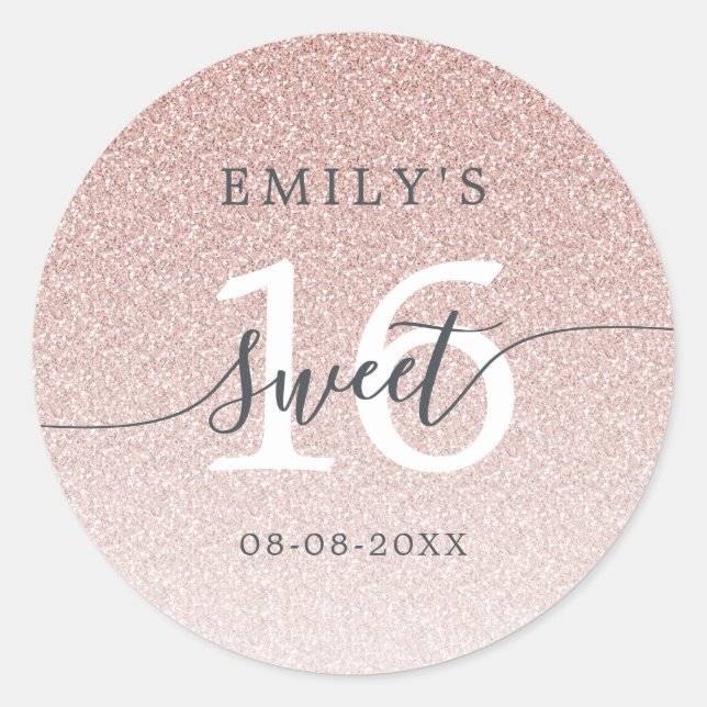 Sweet 16 Pink Glitter Ombre Custom Name Date  Classic Round Sticker (Front)