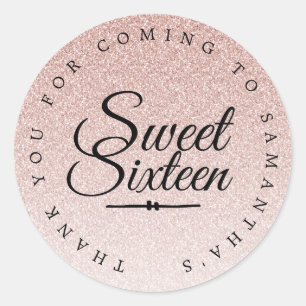 Sweet 16 Pink Glitter Ombre Thank You Custom Name Classic Round Sticker