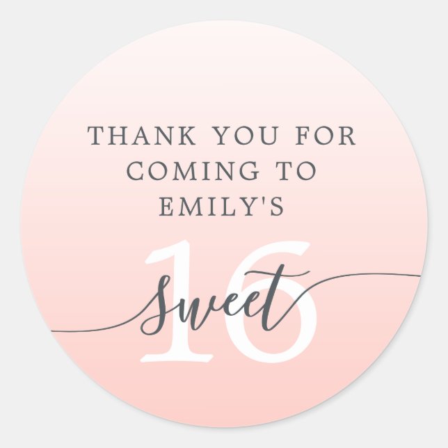 Sweet 16 Pink Glitter Ombre Thank You Custom Name  Classic Round Sticker (Front)