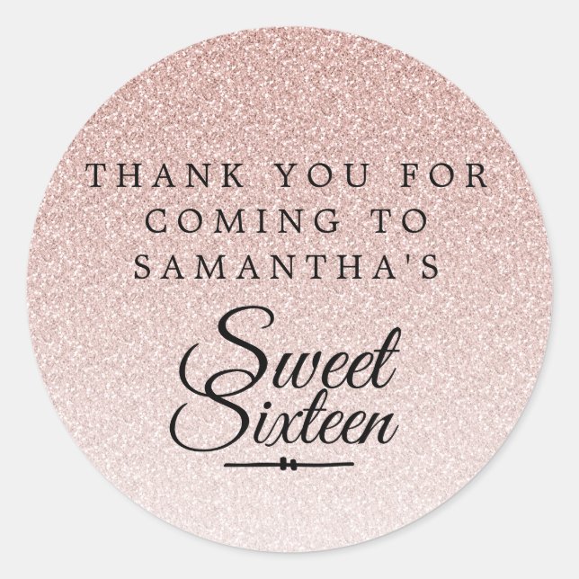 Sweet 16 Pink Glitter Ombre Thank You Custom Name  Classic Round Sticker (Front)