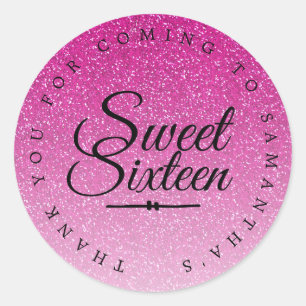 Sweet 16 Pink Glitter Ombre Thank You Custom Name Classic Round Sticker