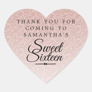 Sweet 16 Pink Glitter Ombre Thank You Custom Name  Heart Sticker