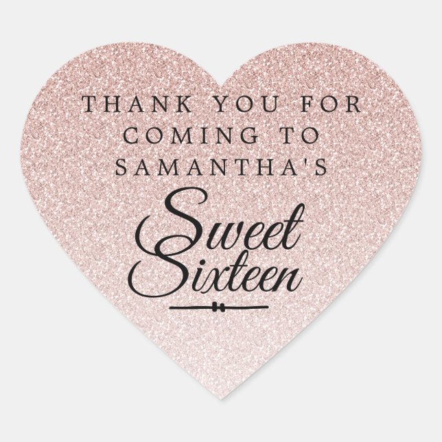 Sweet 16 Pink Glitter Ombre Thank You Custom Name  Heart Sticker (Front)