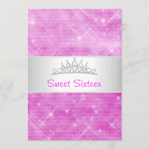 Sweet 16 Pink Glitter Silver Jewel Tiara Party 16 Invitation