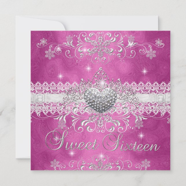 Sweet 16 Pink Glitter Tiara Lace Heart Invitation (Front)