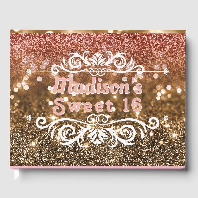 Sweet 16 Pink Gold Glitter Bokeh Custom Guest Book (Front)
