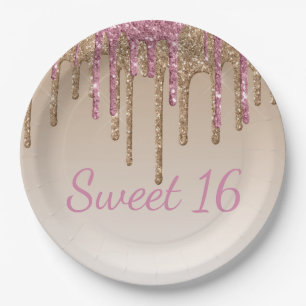 Sweet 16 Pink Gold Glitter Drip Script Ombré Paper Plate