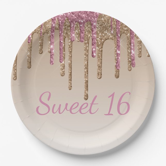 Sweet 16 Pink Gold Glitter Drip Script Ombré Paper Plate (Front)