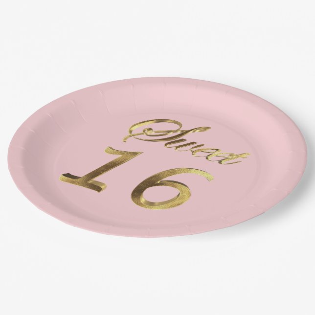Sweet 16 Pink Gold Look Typography Elegant Paper Plate (Angled)