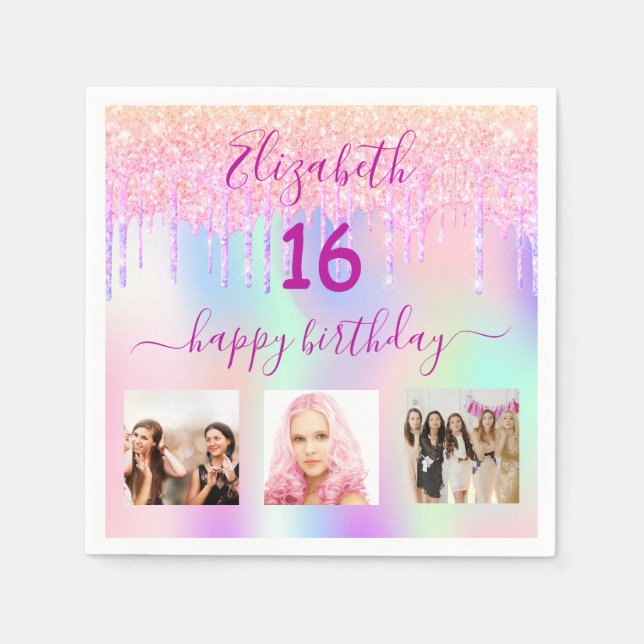 Sweet 16 pink holographic photo name napkin (Front)