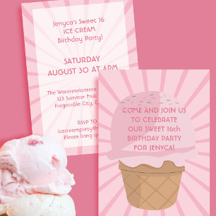 Sweet 16 Pink Ice Cream Birthday Party Invitation