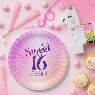 Sweet 16 Pink Orange Gradient Groovy Retro Boho Paper Plate