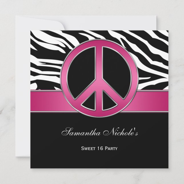 Sweet 16 Pink Peace Sign Black Zebra Invitation (Front)
