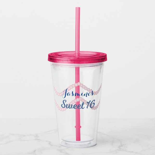 Sweet 16 Pink Pearl Glitter Party Acrylic Tumbler (Front)