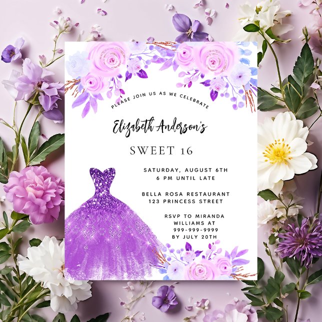 Sweet 16 pink purple flowers dress invitation (Creator Uploaded)