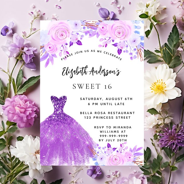 Sweet 16 pink purple flowers dress luxury invitation (Creator Uploaded)